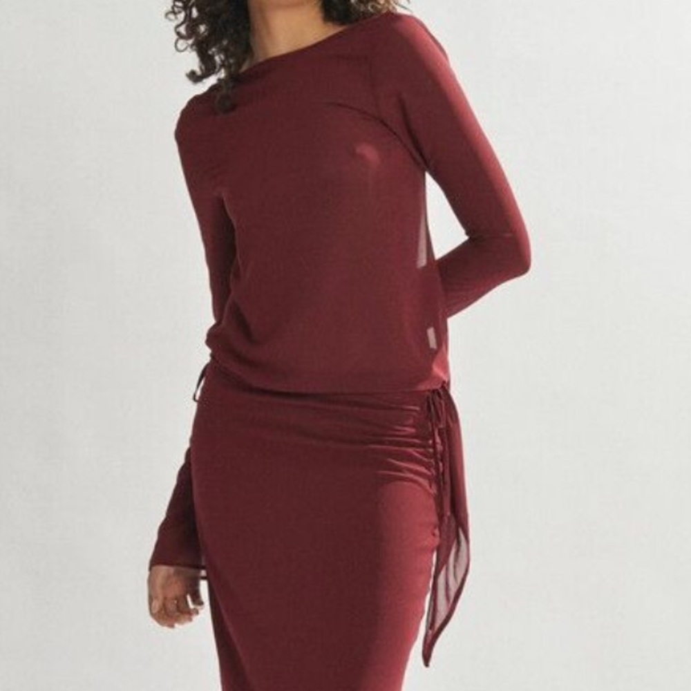 NWT, One Mile, Maxine, Asymmetric Long-Sleeve Blouse in Deep Burgundy, Size 4